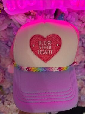 Women’s custom made Bless Your Heart' Pink & Purple Trucker Hat